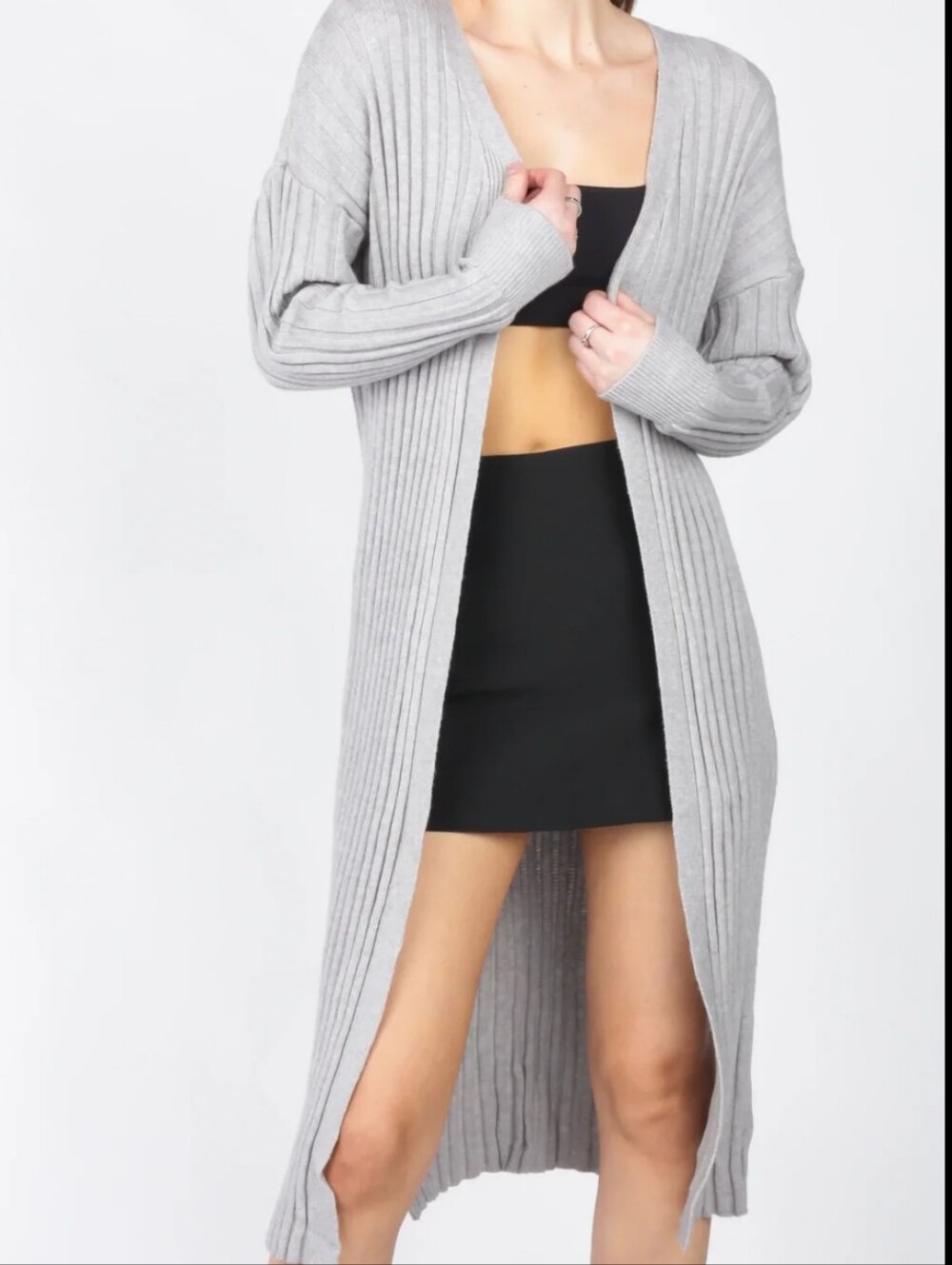 PrettyLittleThing Light Gray Ribbed Longline Open Cardigan